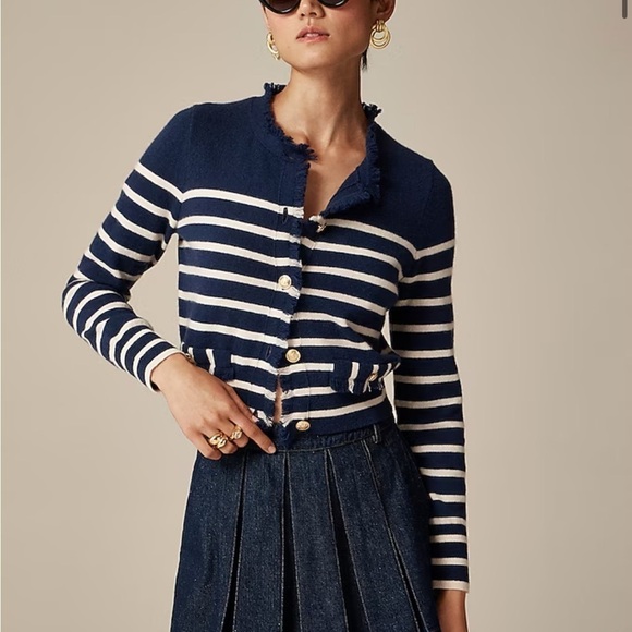 J crew evening muslin Cashmere fringe-trim sweater lady jacket - Picture 1 of 5